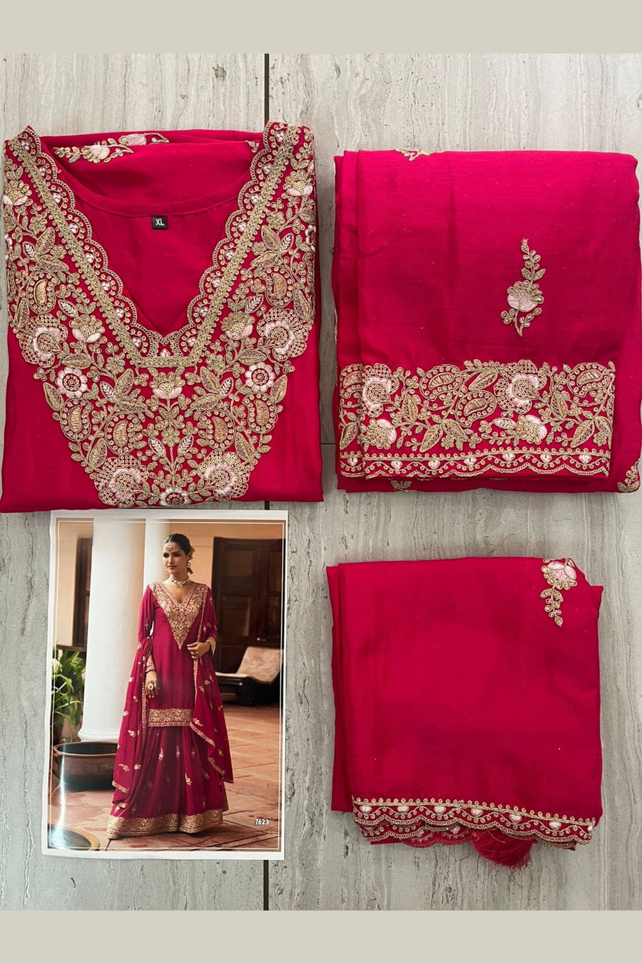 Pink Chinon Silk Plazo Suit For Indian & Pakistani Wedding Festival - Sequence & Thread Embroidery Work, Dori Work