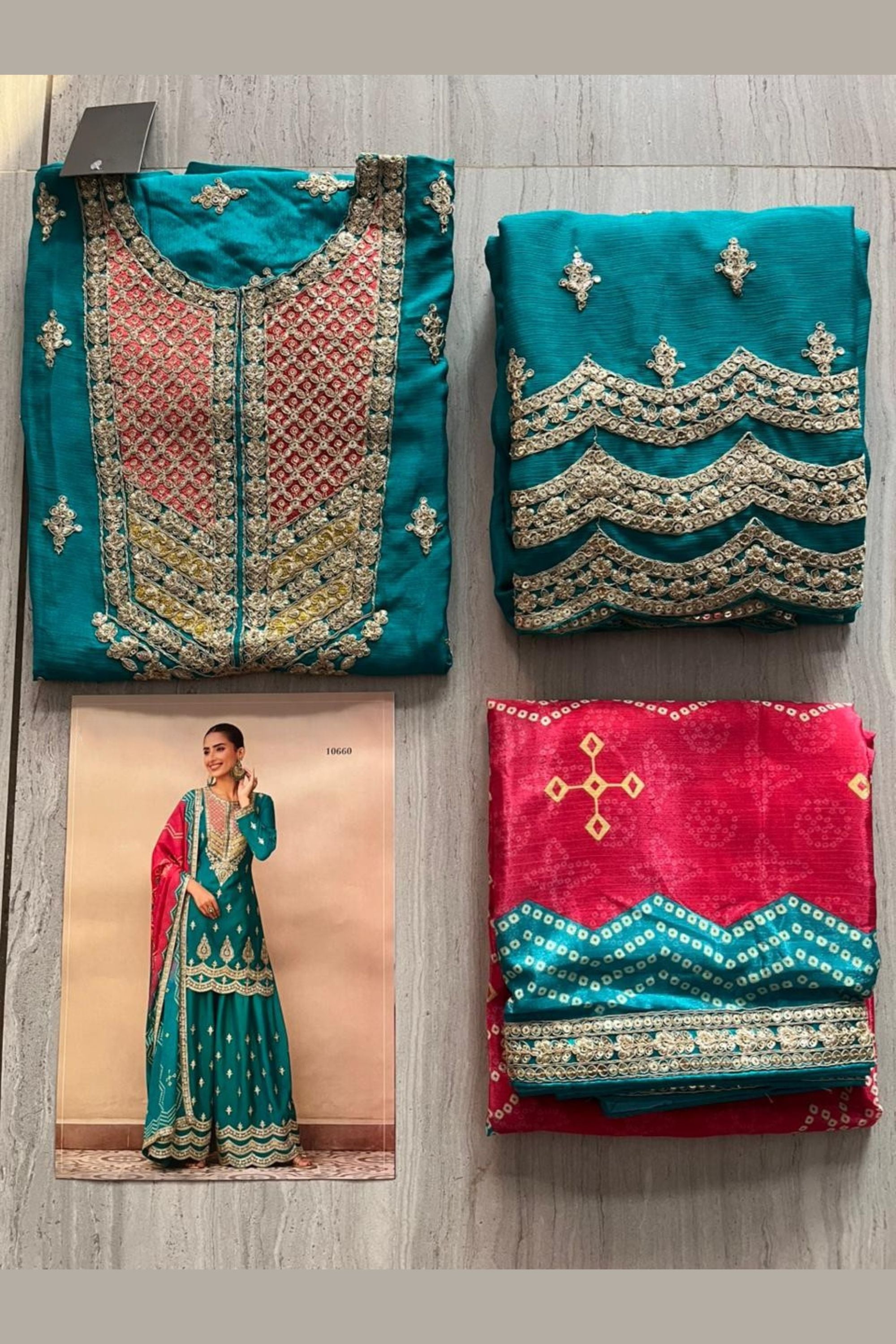 Teal Chinon Silk Plazo Suit For Indian & Pakistani Wedding Festival - Sequins & Thread Embroidery Work, Print Work