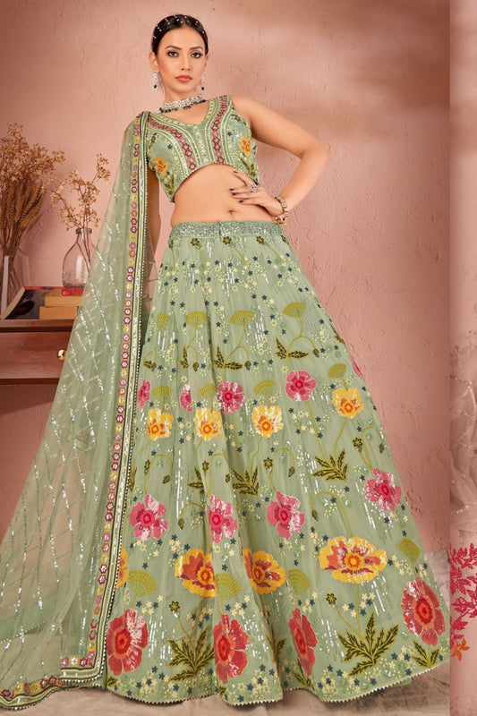 Pista Green Georgette Lehenga Choli For Indian Festivals & Weddings - Thread Embroidery Work, Sequence Embroidery Work