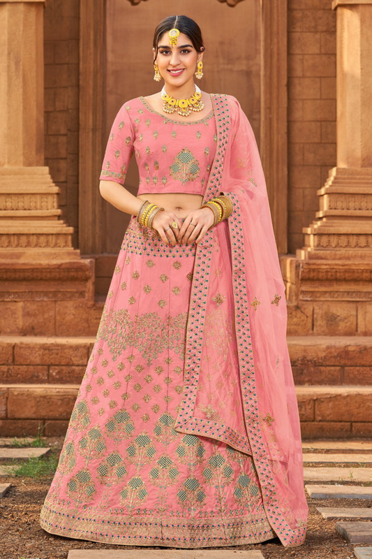 Pink Pakistani Satin Lehenga Choli For Indian Festivals & Weddings - Thread Embroidery Work,