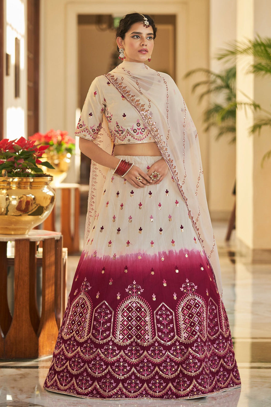 White Art Silk Lehenga Choli For Indian Festivals & Weddings - Sequence Embroidery Work, Thread Work