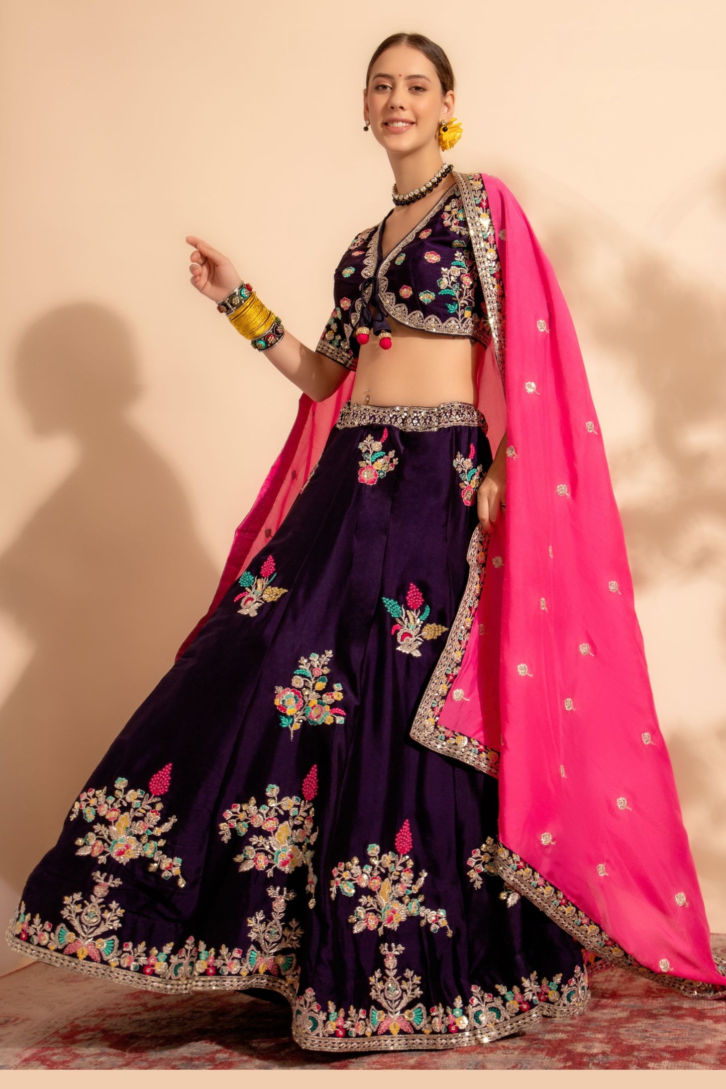 Dark Purple Organza Lehenga Choli For Indian Festivals & Wedding - Thread Embroidery Work, Sequence Embroidery Work