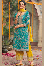 Aqua Green Chinon Silk Plazo Suit For Indian Weddings & Pakitani Festival - Embroidery Work