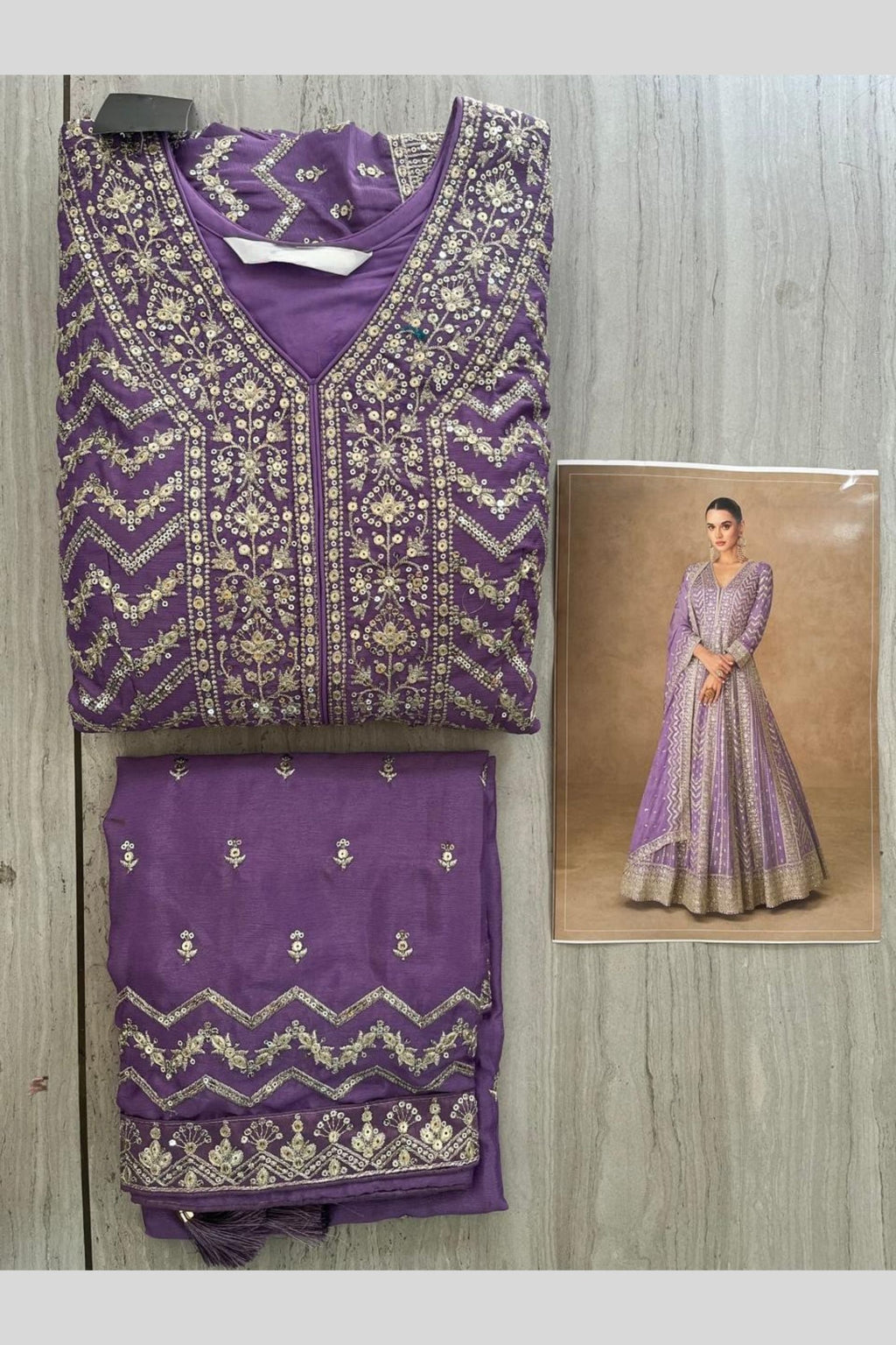Purple Chinon Silk Anarkali Suit For Indian & Pakistani Wedding Festival - Thread Sequence Embroidery