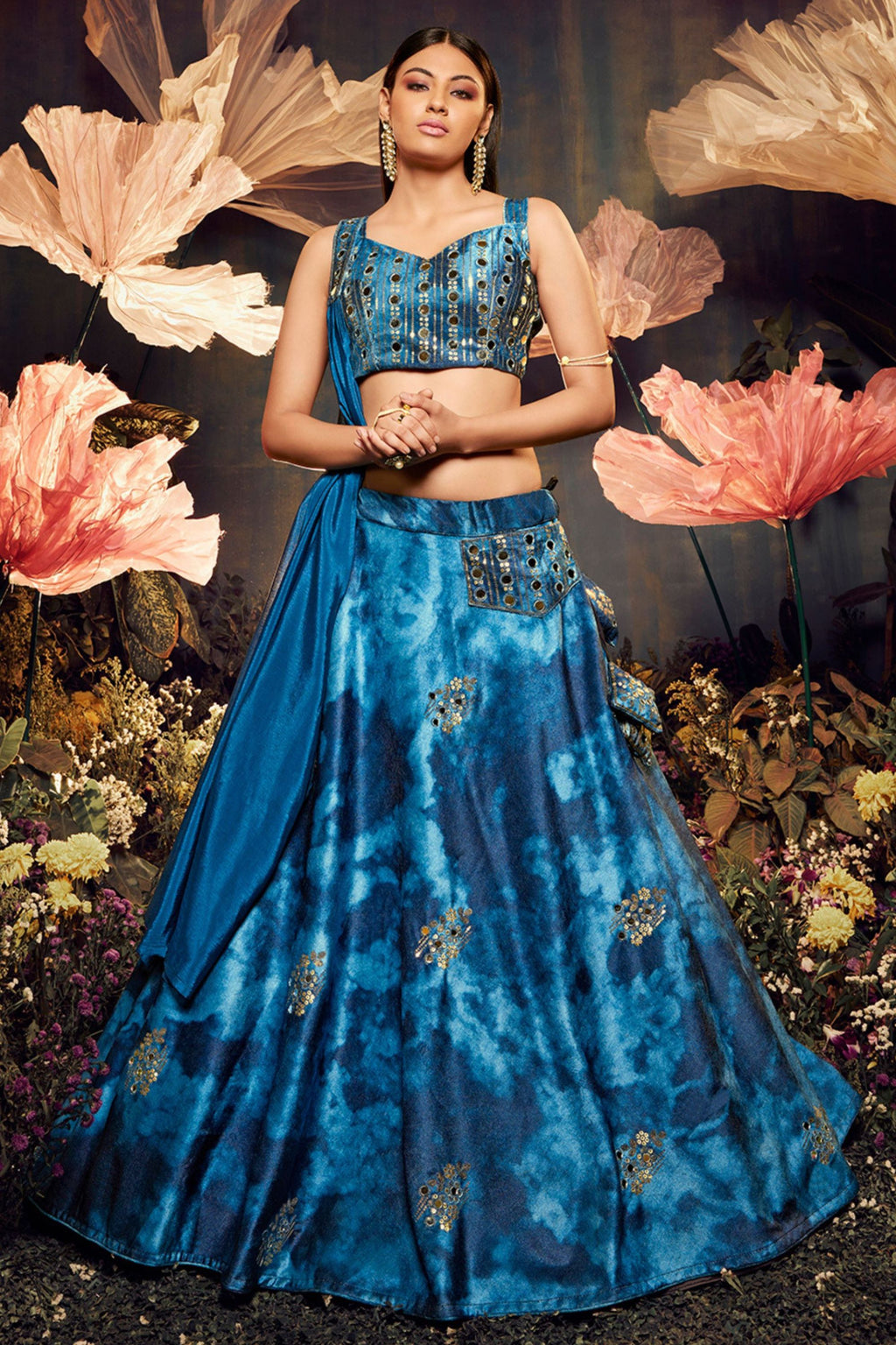 Blue Printed Velvet Lehenga Choli For Indian Festivals & Weddings - Print Work, Sequence Embroidery Work, Mirror Work