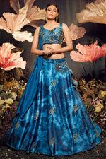 Blue Printed Velvet Lehenga Choli For Indian Festivals & Weddings - Print Work, Sequence Embroidery Work, Mirror Work