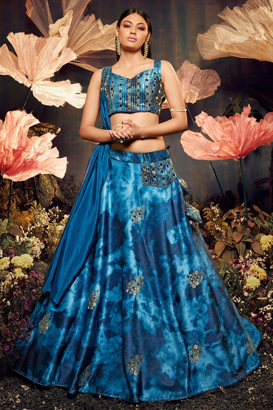 Blue Printed Velvet Lehenga Choli For Indian Festivals & Weddings - Print Work, Sequence Embroidery Work, Mirror Work