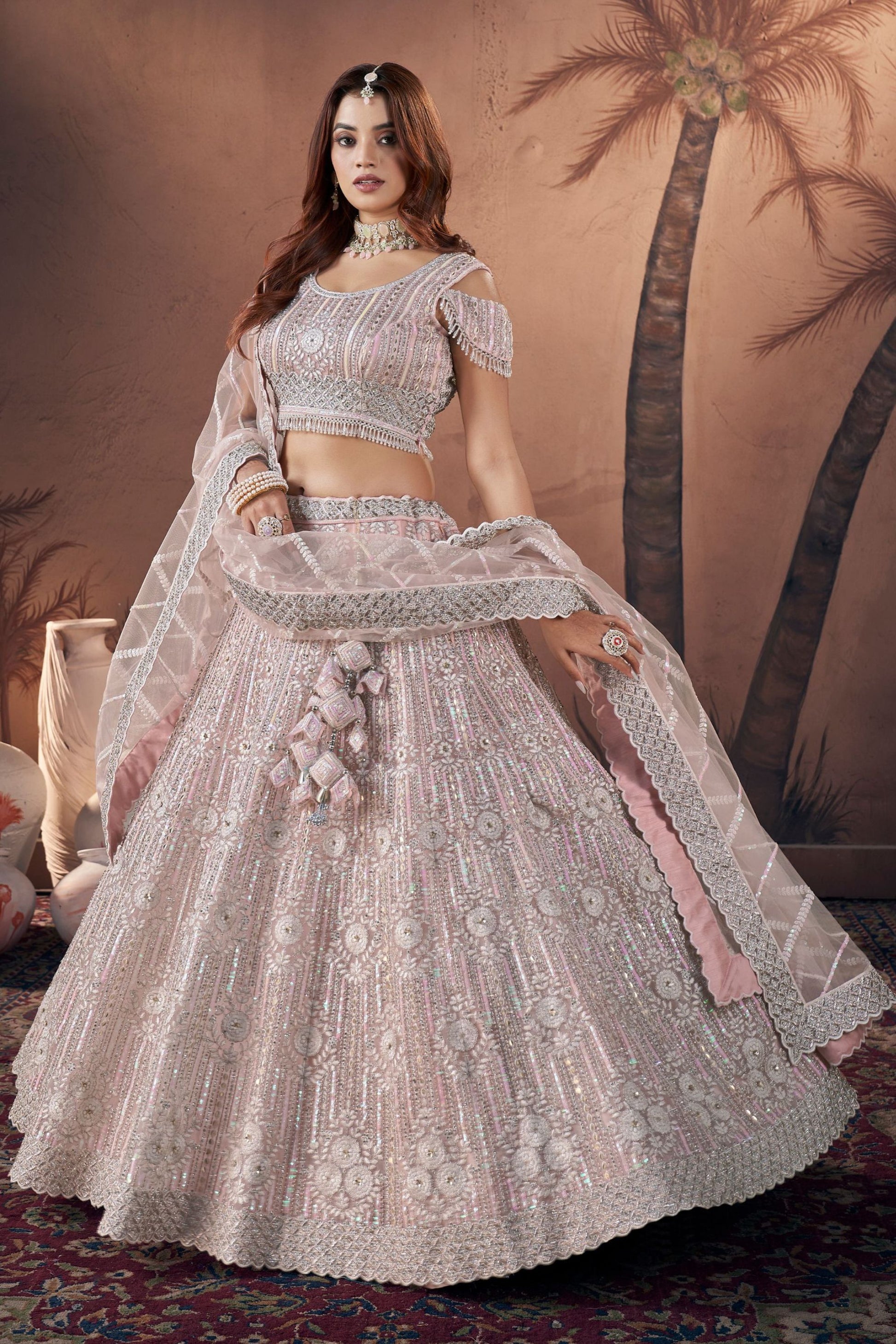 Peach Net Lehenga Choli For Indian Festivals & Wedding - Zarkan Work, Sequence Embroidery Work, Khatli Work