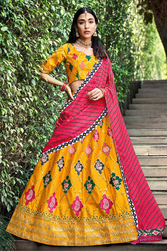 Yellow Silk Lehenga Choli For Indian Festivals & Weddings - Sequence Embroidery Work, Thread Work, Print Work