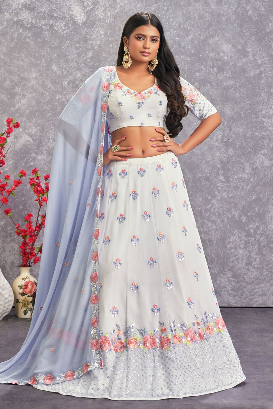 Light Purple Georgette Floral Embroidery Lehenga Choli For Indian Festivals & Weddings - Sequence Embroidery Work, Thread Embroidery Work, Mirror Work