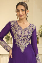 Torso detail view of purple engagement dresses for women style plazo suit in chinon silk with thread and sequin embroidery on the kameez.