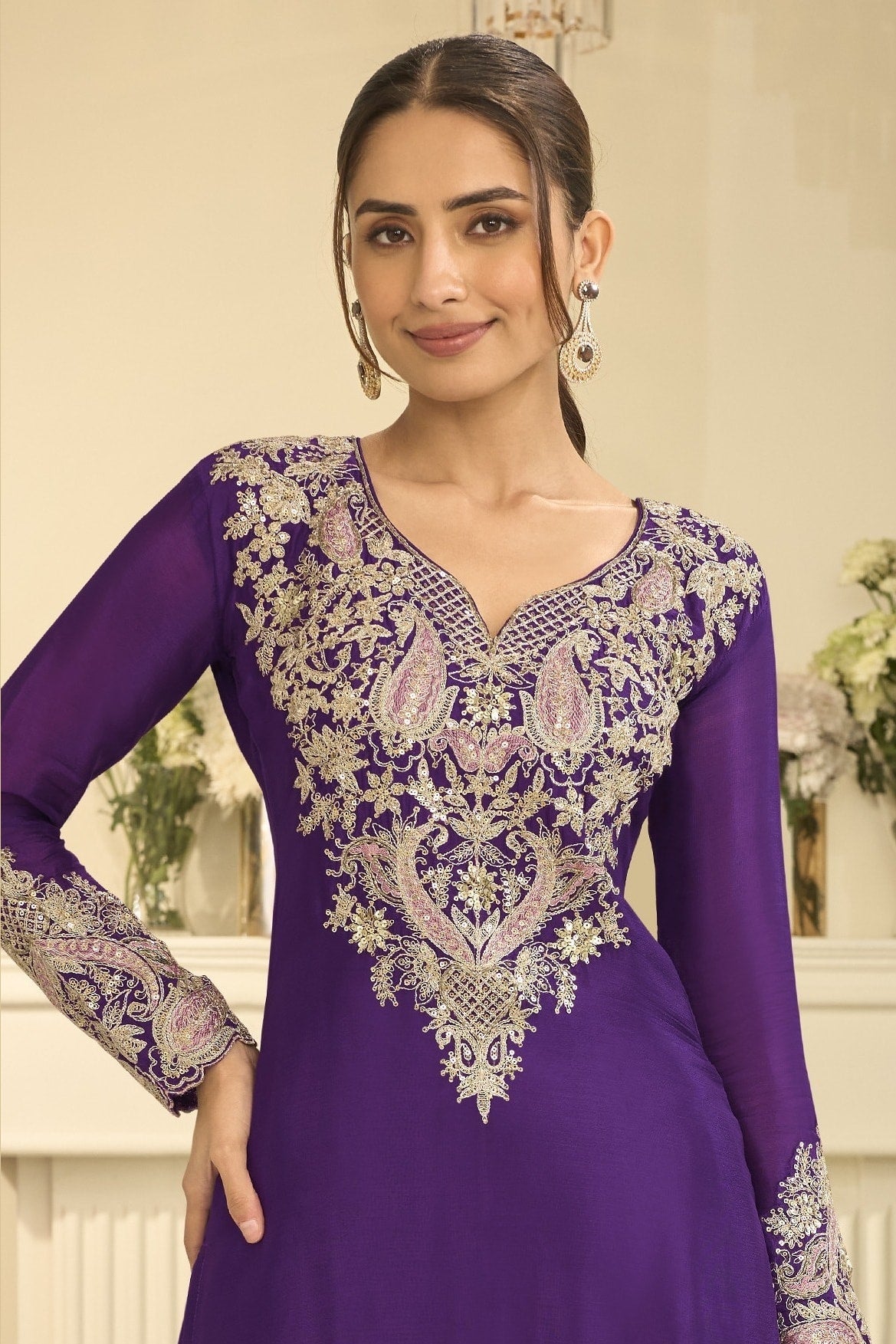 Torso detail view of purple engagement dresses for women style plazo suit in chinon silk with thread and sequin embroidery on the kameez.