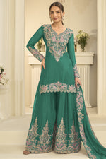 Teal Chinon Silk Palazzo Suit - Embroidered Mehndi Outfits