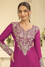Torso detail view of magenta engagement dresses for women style plazo suit in chinon silk with thread and sequin embroidery on the kameez.