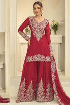 Woman wearing red mehndi outfits style plazo suit in chinon silk with thread and sequin embroidery, embroidered plazo and dupatta, full-length front view.