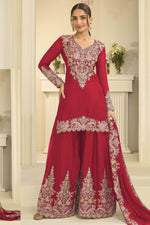 Red Chinon Silk Plazo Suit Style Indian Engagement Outfits - Embroidery