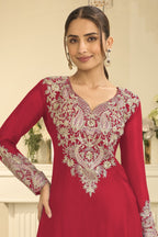 Torso detail view of red outfits for eid style plazo suit in chinon silk with thread and sequin embroidery on the kameez.