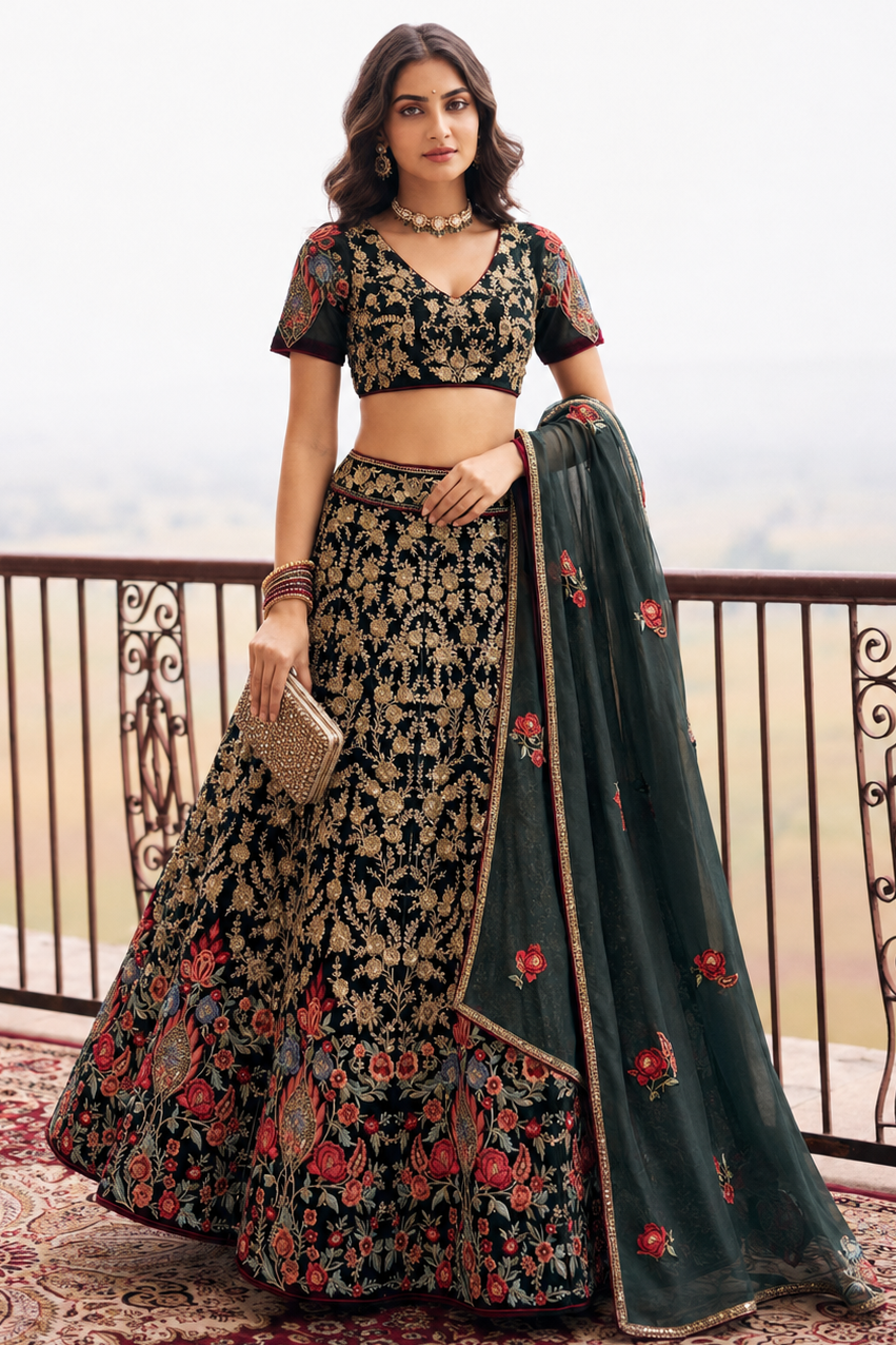 Woman wearing a dark green wedding reception lehenga with embroidery work, short sleeve V neck net choli, full-length front view.
