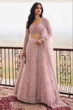 Woman wearing a baby pink lehenga for wedding guest with embroidery work, full sleeve round neck net choli, full-length front view.