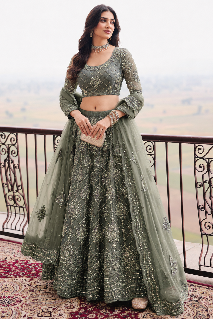 Woman wearing a sage green lehenga for wedding reception with embroidery work, three quarter sleeve round neck net choli, full front view.