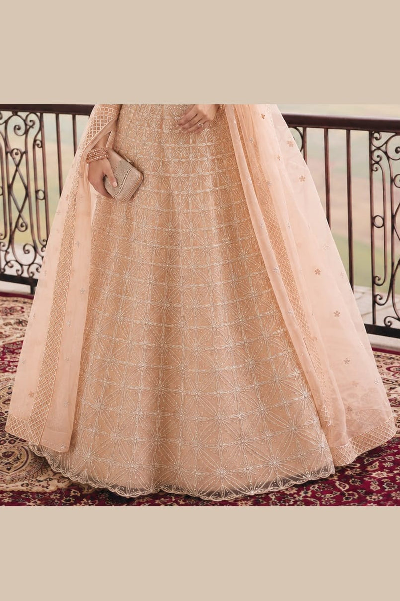 Lower view of a peach ladies party wear lehenga with embroidered net lehenga skirt and matching dupatta drape. All-over embroidery.