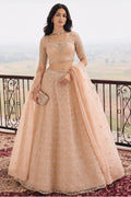 Woman wearing a peach lehenga for wedding women with embroidery work, half sleeve round neck net choli, full-length front view.