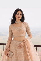 Upper view of a peach lehenga for wedding guest outfit showing the half sleeve round neck choli with embroidery work detail.