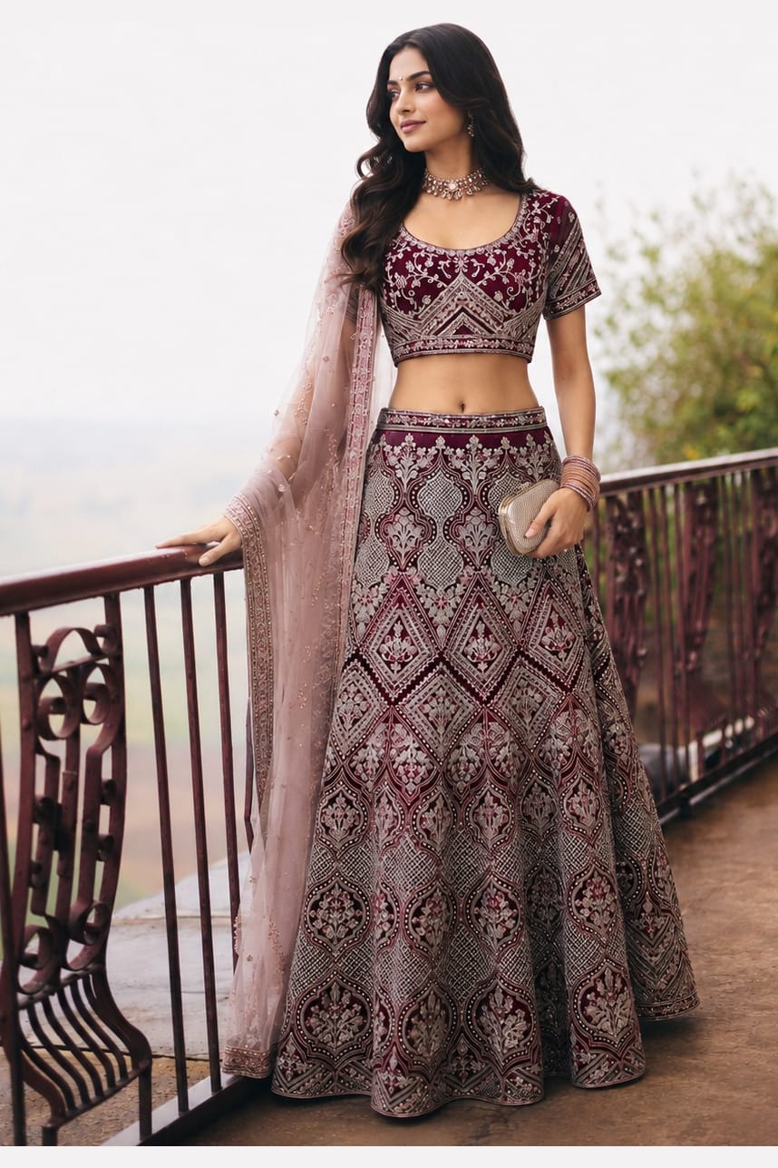 Woman wearing a maroon punjabi lehenga for wedding with embroidery work, short sleeve round neck net choli, full-length front view.