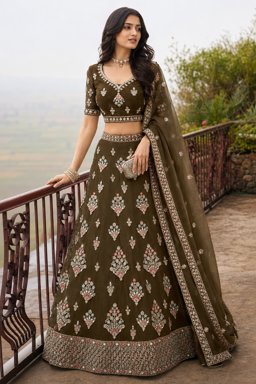 Woman wearing a brown indian wedding lehenga design with embroidery work, half sleeve sweetheart neck net choli, full-length front view.