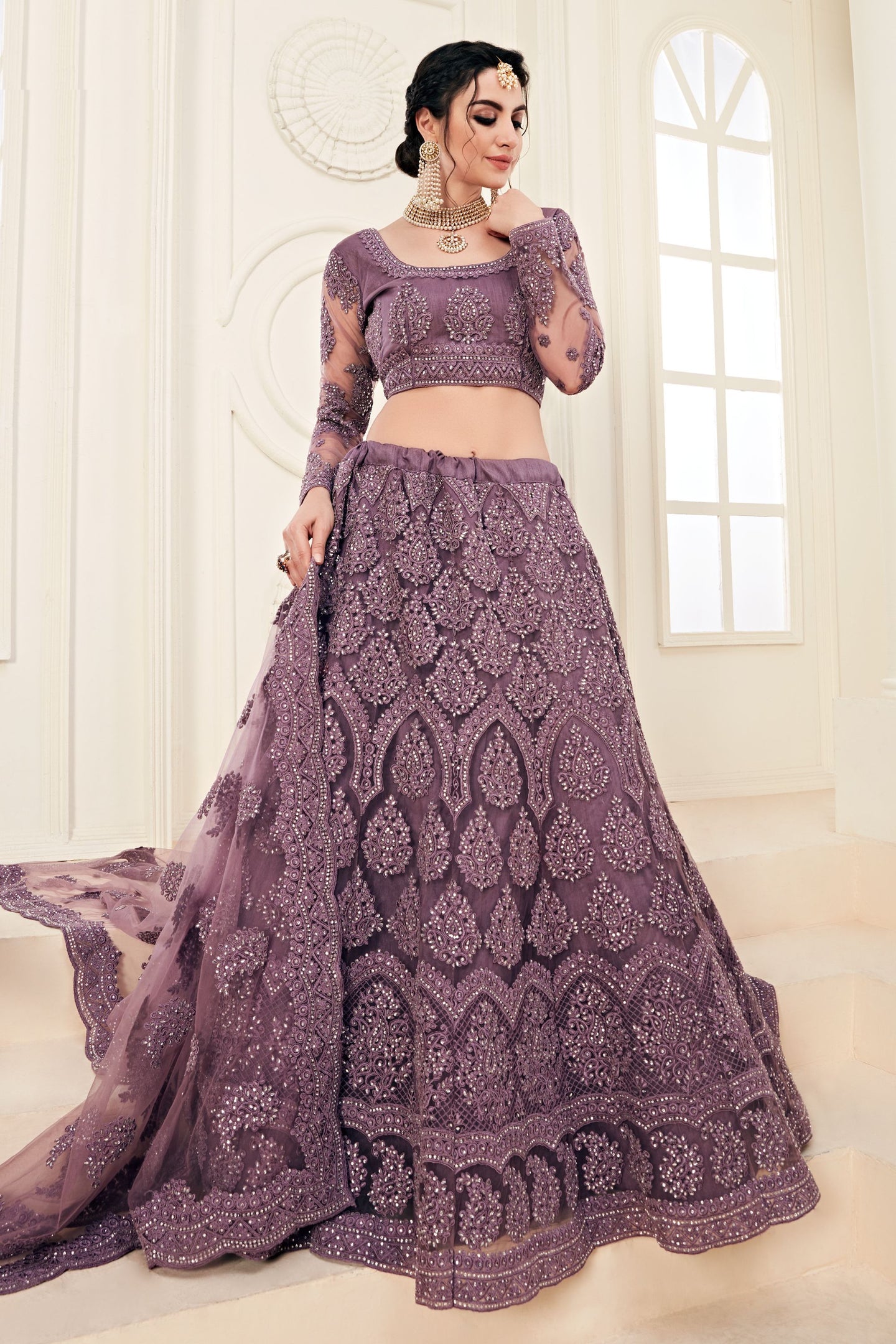 Violet Net Lehenga Choli For Indian Festivals & Weddings - Thread Embroidery Work, Codding Embroidery Work, Stone Work