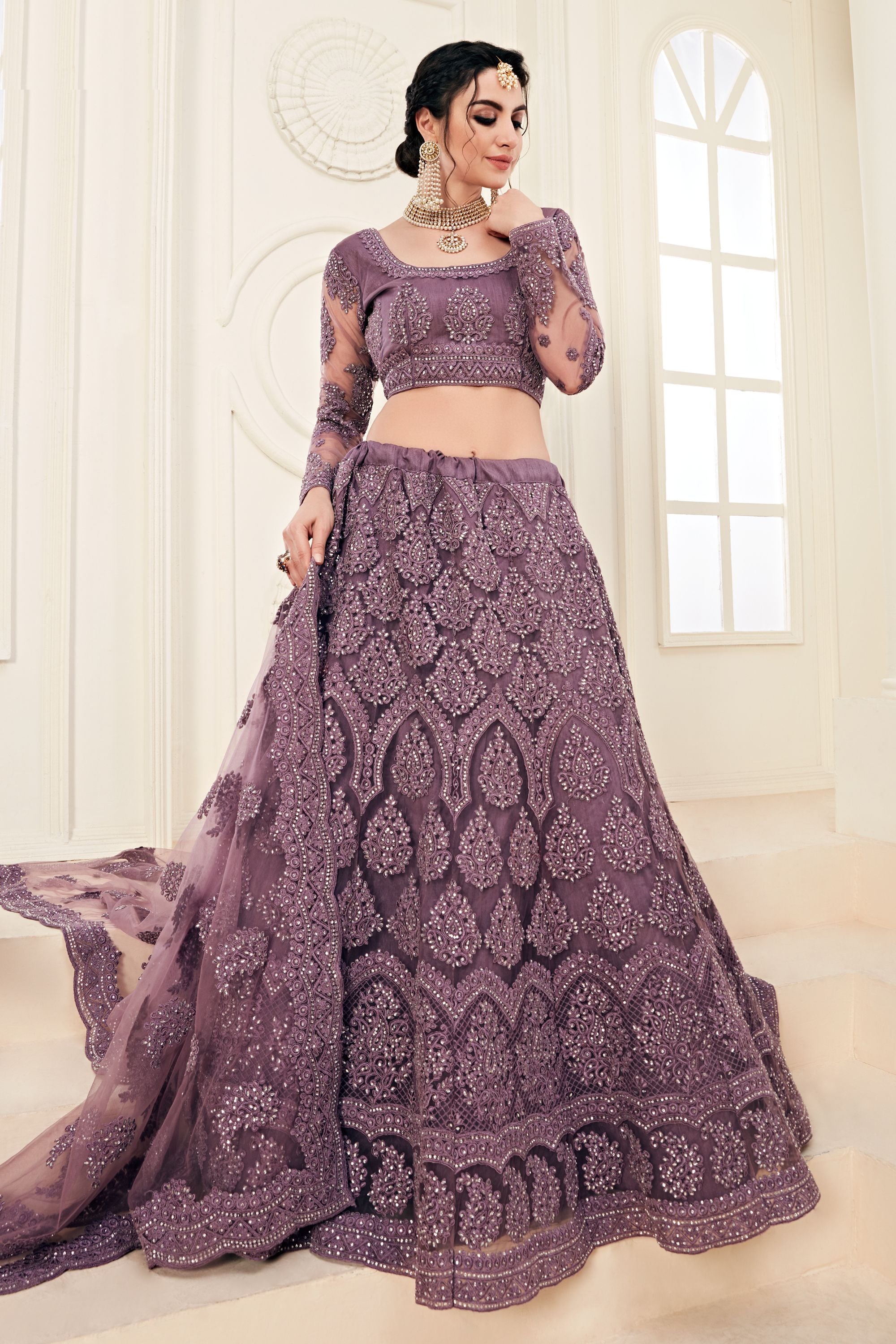 Violet Net Lehenga Choli For Indian Festivals & Weddings - Thread Embroidery Work, Codding Embroidery Work, Stone Work