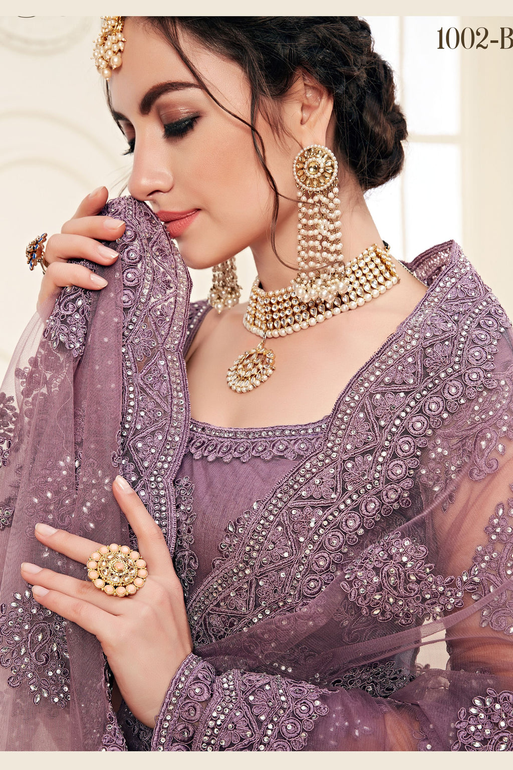 Violet Net Lehenga Choli For Indian Festivals & Weddings - Thread Embroidery Work, Codding Embroidery Work, Stone Work