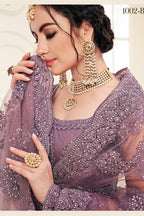 Violet Net Lehenga Choli For Indian Festivals & Weddings - Thread Embroidery Work, Codding Embroidery Work, Stone Work