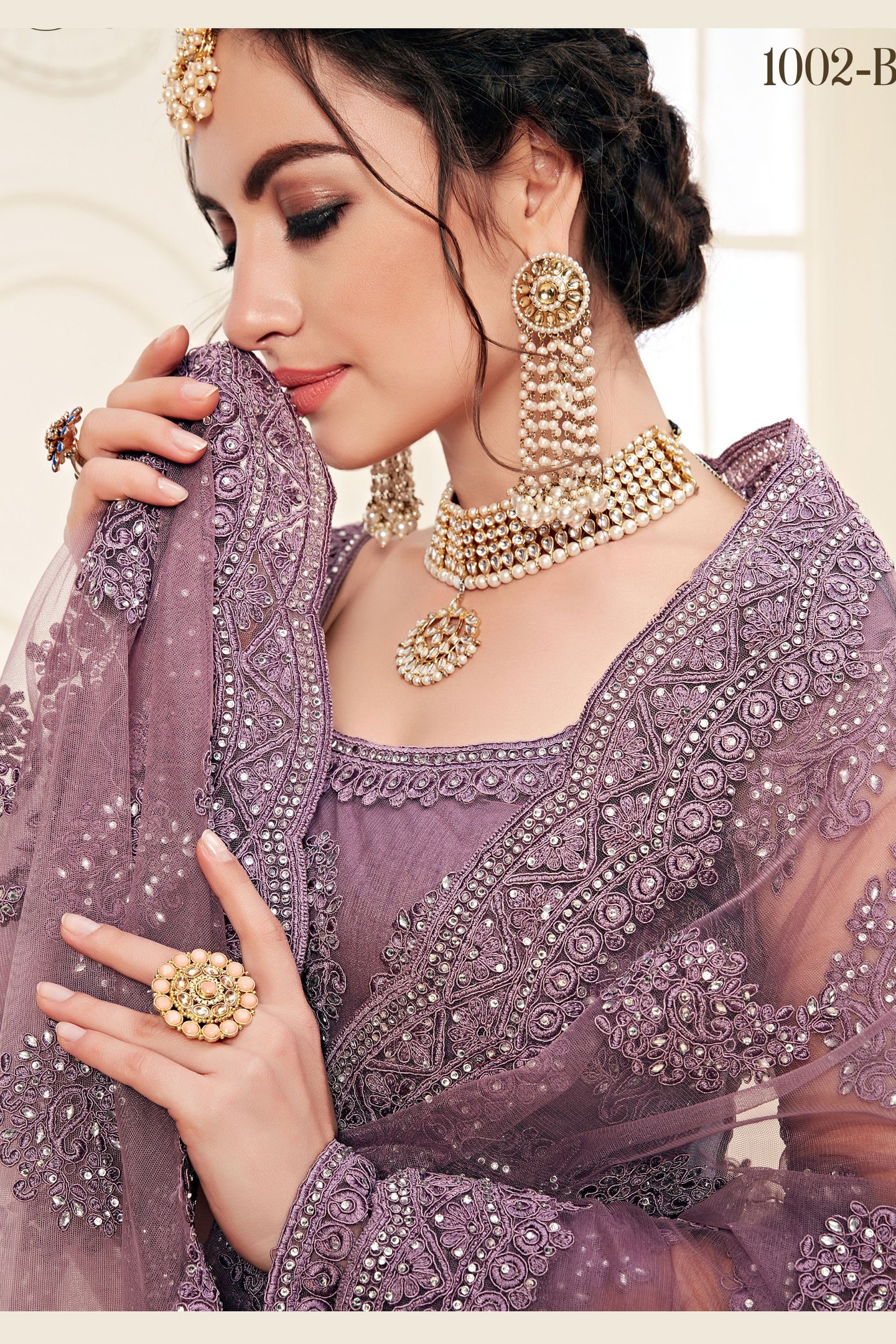 Violet Net Lehenga Choli For Indian Festivals & Weddings - Thread Embroidery Work, Codding Embroidery Work, Stone Work