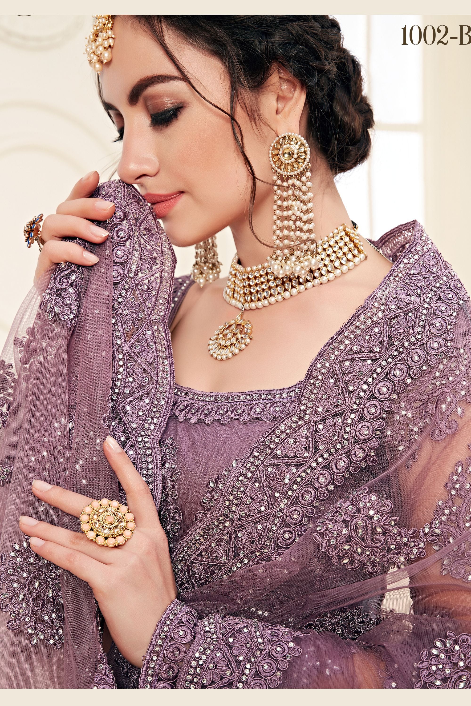 Violet Net Lehenga Choli For Indian Festivals & Weddings - Thread Embroidery Work, Codding Embroidery Work, Stone Work