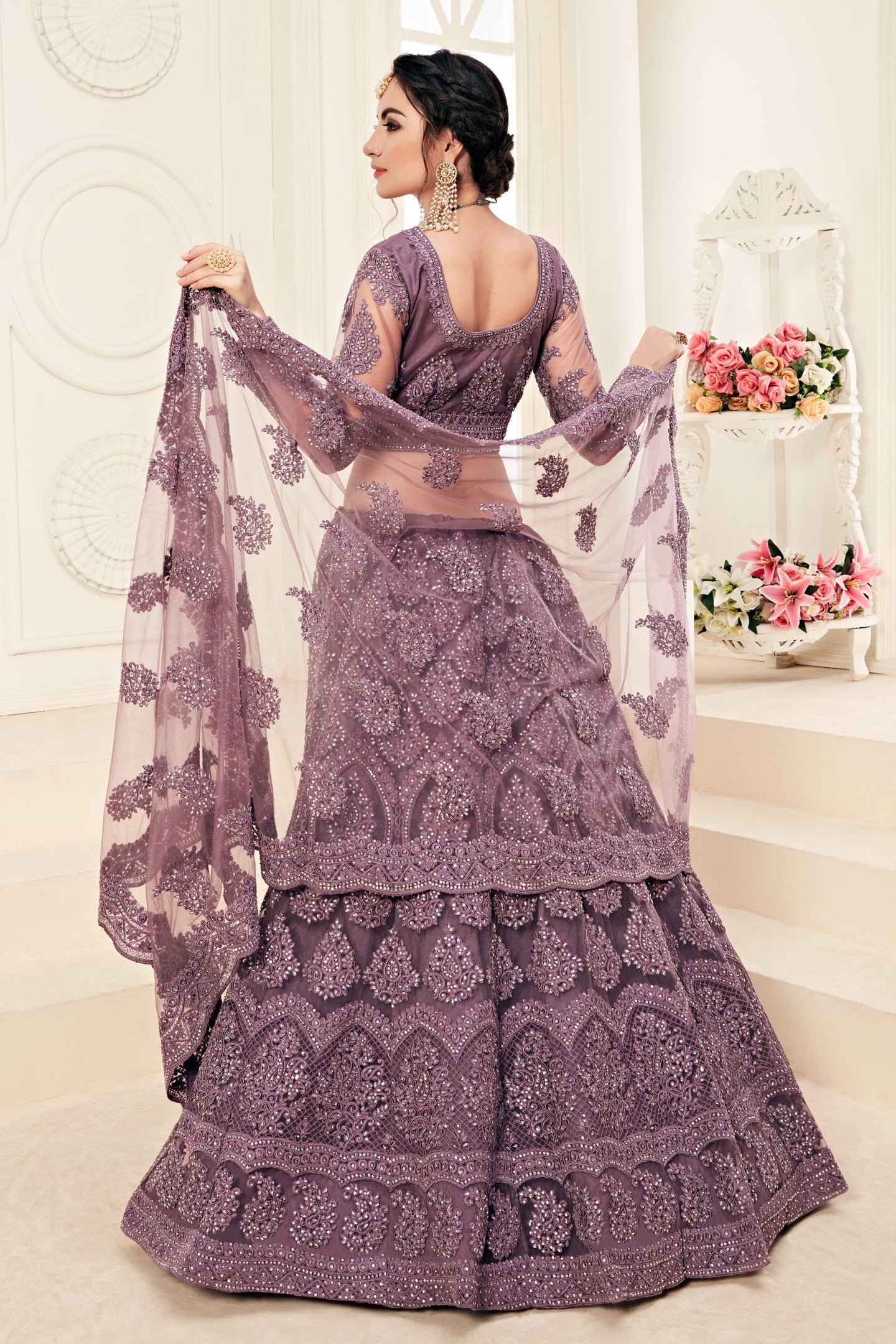 Violet Net Lehenga Choli For Indian Festivals & Weddings - Thread Embroidery Work, Codding Embroidery Work, Stone Work