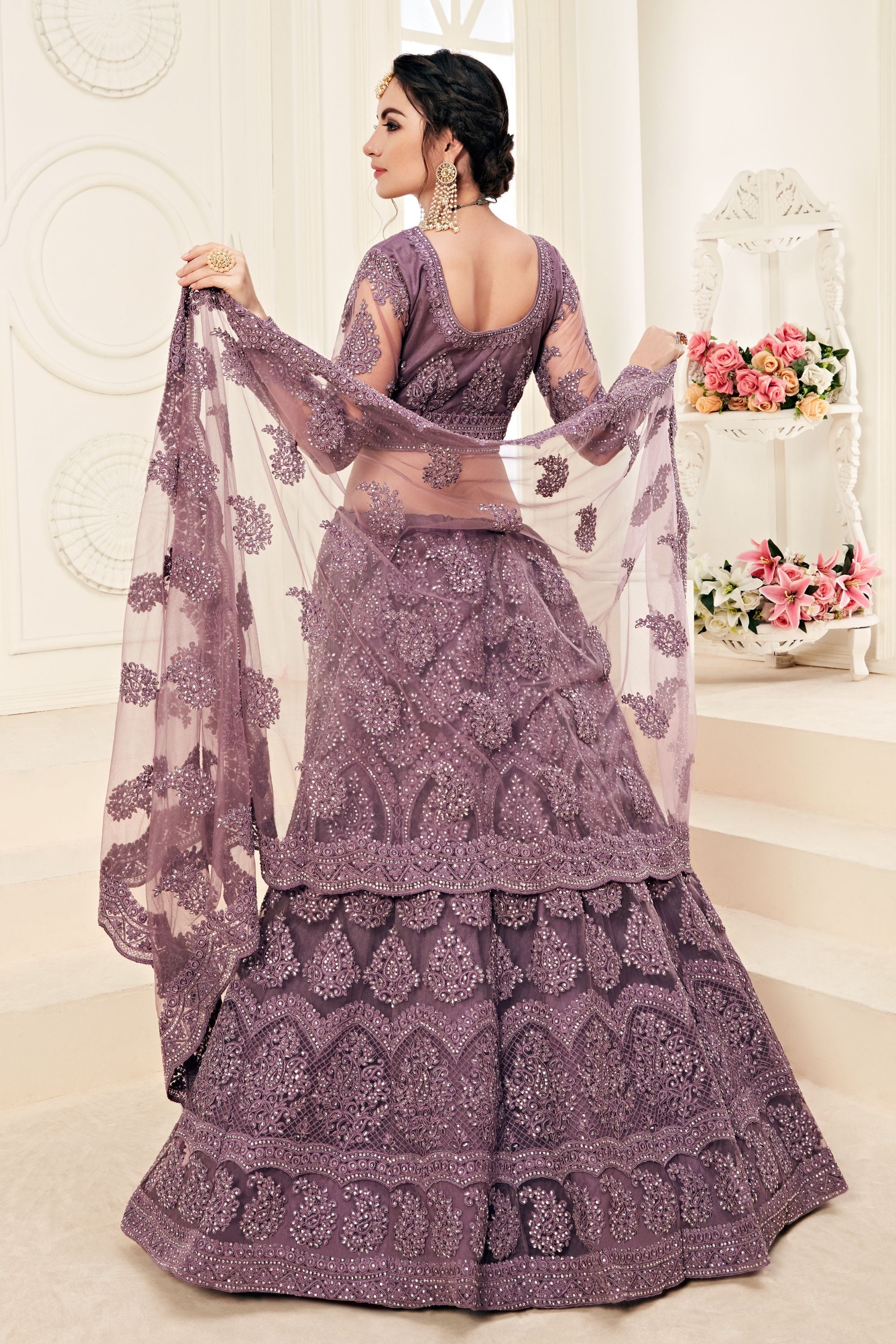 Violet Net Lehenga Choli For Indian Festivals & Weddings - Thread Embroidery Work, Codding Embroidery Work, Stone Work