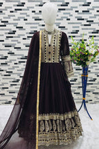 Dark Brown Georgette Kids Wear Girls Gown with Dupatta Suit for Kids for Festivals & Wedding - Sequence Embroidery Work
