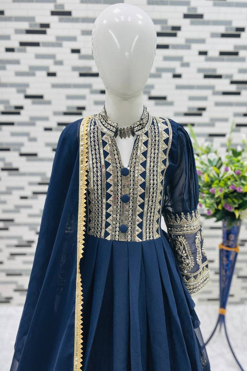 Navy Blue Georgette Kids Wear Girls Gown with Dupatta Suit for Kids for Festivals & Wedding - Sequence Embroidery Work