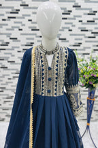 Navy Blue Georgette Kids Wear Girls Gown with Dupatta Suit for Kids for Festivals & Wedding - Sequence Embroidery Work