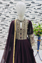 Dark Brown Georgette Kids Wear Girls Gown with Dupatta Suit for Kids for Festivals & Wedding - Sequence Embroidery Work