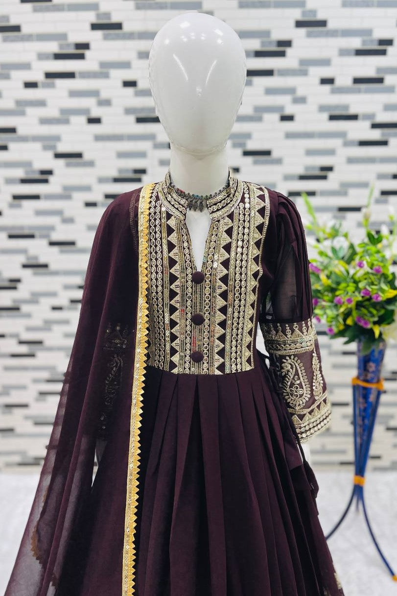 Dark Brown Georgette Kids Wear Girls Gown with Dupatta Suit for Kids for Festivals & Wedding - Sequence Embroidery Work