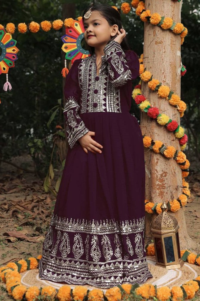 Dark Brown Georgette Kids Wear Girls Gown with Dupatta Suit for Kids for Festivals & Wedding - Sequence Embroidery Work