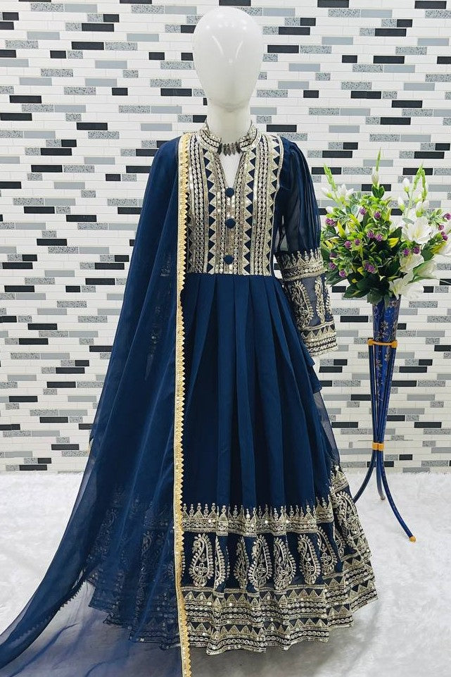 Navy Blue Georgette Kids Wear Girls Gown with Dupatta Suit for Kids for Festivals & Wedding - Sequence Embroidery Work