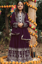 Dark Brown Georgette Kids Wear Girls Gown with Dupatta Suit for Kids for Festivals & Wedding - Sequence Embroidery Work