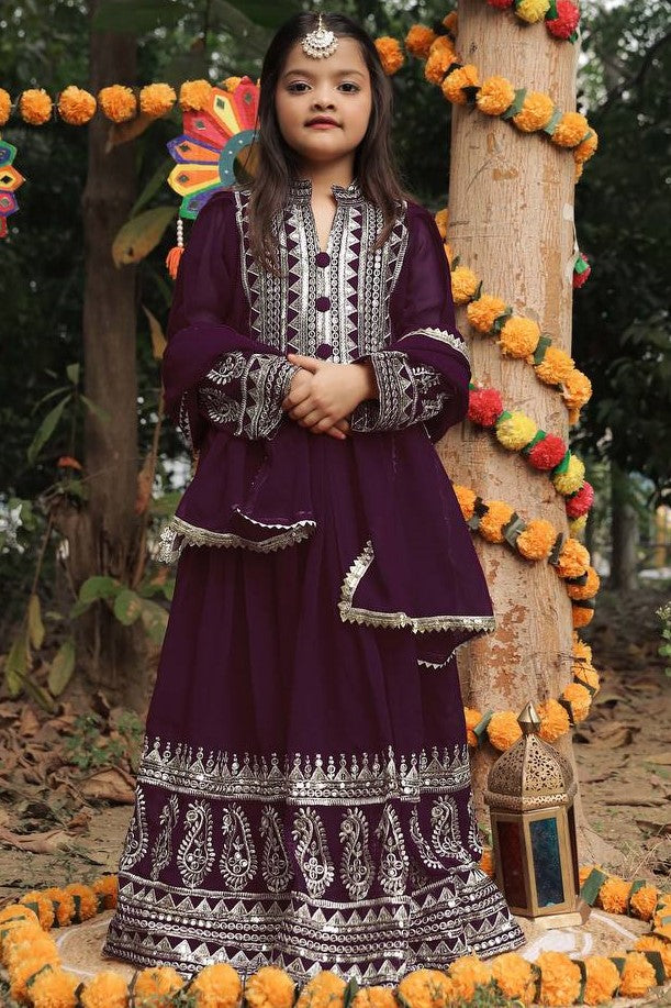 Dark Brown Georgette Kids Wear Girls Gown with Dupatta Suit for Kids for Festivals & Wedding - Sequence Embroidery Work