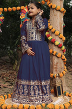 Navy Blue Georgette Kids Wear Girls Gown with Dupatta Suit for Kids for Festivals & Wedding - Sequence Embroidery Work