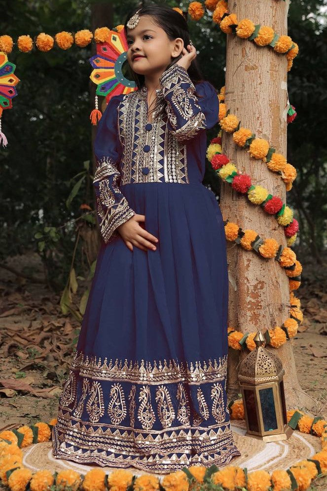 Navy Blue Georgette Kids Wear Girls Gown with Dupatta Suit for Kids for Festivals & Wedding - Sequence Embroidery Work