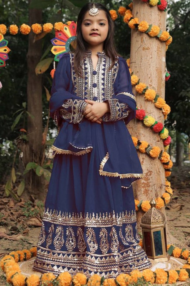 Navy Blue Georgette Kids Wear Girls Gown with Dupatta Suit for Kids for Festivals & Wedding - Sequence Embroidery Work