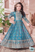Teal Chinon Silk Kids Wear Girls Flower Printed Gown with Dupatta Suit for Kids for Festivals & Wedding - Sequence Embroidery Work, Print Work
